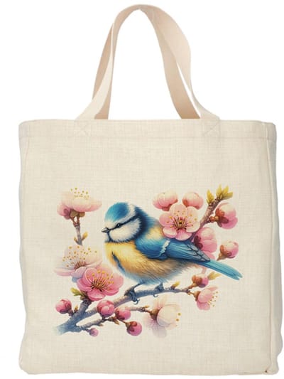Shopper - Totebag - Boodschappentas | Koolmees - Kersen bloesem | Duurzaam - Linnenlook - 48x38cm