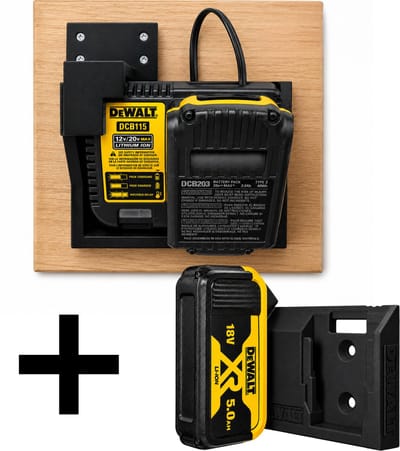 2 Accu's & DCB115 Opladerhouder Set Geschikt voor DeWalt 18V XR Accu's – 2-in-1 Wandmontage Opbergsysteem – Inclusief Schroeven – Zwart