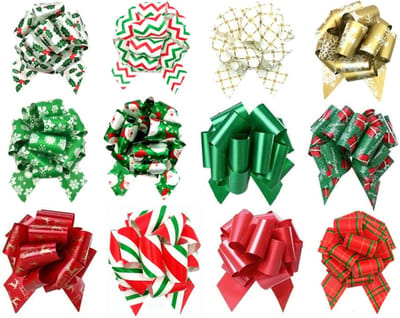 Kerstcadeau Strikken Set van 12 Stuks, Grote Strikken met Lint voor Cadeauverpakking, Decoratie voor Kerst, Mand, Fles, Boeket en Boom, Decoratieve Strikken en Linten in Rood/Groen