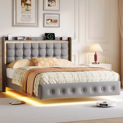 Tweepersoonsbed 160x200 cm – Grijs Zwevend Bed met LED-Verlichting en USB-Oplaadstation