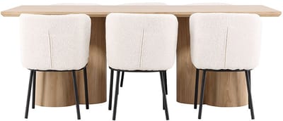 Olivia eethoek tafel 100x210cm en 6 bouclé stoelen naturel.