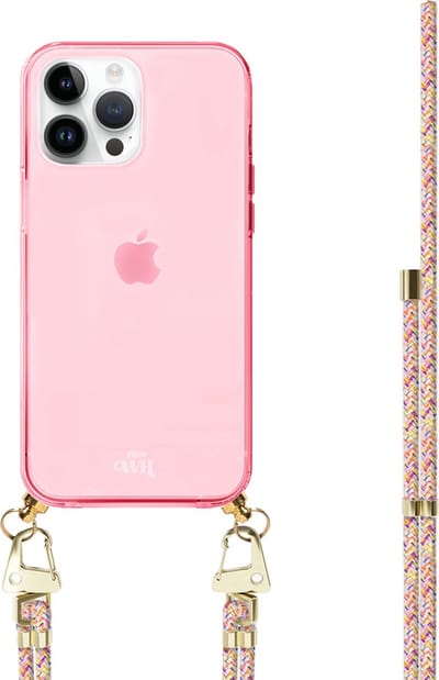 xoxo Wildhearts silicone case met koord - Roze telefoonhoesje met koord - telefoonketting - Rainbow Vibes - Cord Case - geschikt voor Apple iPhone 12 Pro - Regenboog koord - meerkleurig