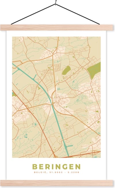 Posterhanger incl. Poster 40x60 cm - Schoolplaat - Stadskaart - Plattegrond - Kaart - België - Beringen - Textielposter - Blanke latten - Stadskaart