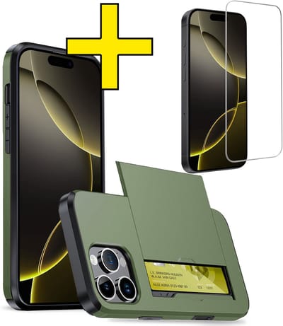 Hoesje Geschikt voor iPhone 16 Pro Hoesje Case Pashouder Hard Cover Met Screenprotector - Hoes Geschikt voor iPhone 16 Pro Hoesje Met Kaarthouder - Donkergroen