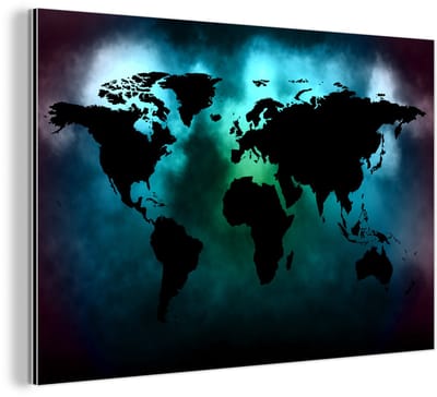 Aluminium schilderij 150x100 cm - Wanddecoratie metaal - Wereldkaart - Zwart - Groen - Metalen muurdecoratie woonkamer - Decoratie industrieel - Foto op dibond - Industriële accessoires slaapkamer