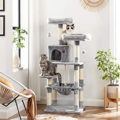 Kat krabpaal voor meerdere Katten - met Hokje en Plateaus - Grote of kleine Katten - Grijs en Wit