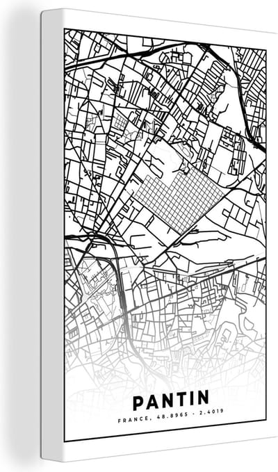 Canvas Schilderij Stadskaart - Plattegrond - Pantin - Kaart - Frankrijk - Zwart wit - 20x30 cm - Wanddecoratie