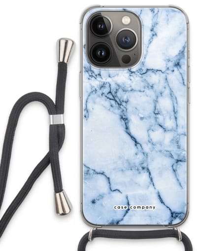 Case Company® - Hoesje met koord geschikt voor iPhone 13 Pro hoesje met Koord - Blauw marmer - Telefoonhoesje met Zwart Koord - Bescherming aan alle Kanten en Over de Schermrand