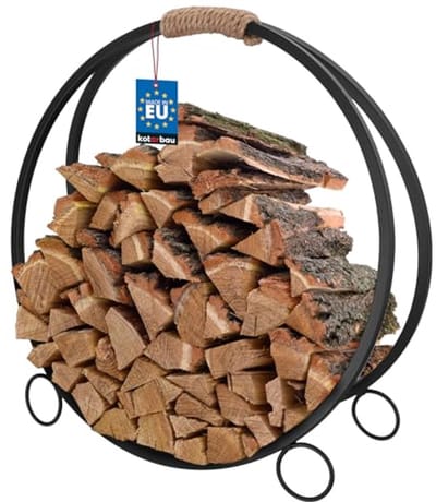 KOTARBAU® Brandhoutrek, Houtmand, Staal, 59 x 22,5 x 61 cm, Zwart, Rond ⌀ 59 cm, Houtkorfm met Handvat, Haardhoutrek, Haardhout Opslag, Haardhoutopslag, Decoratief