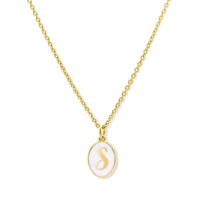 New Bling 9LA-20061-S Zilveren Ketting met Letterhangertje - S - Ovaal - 12x8,8mm - Emaille - Wit - Zilver - Initiaal sieraad - Verguld/Goud op Zilver