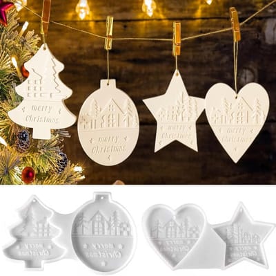 Siliconen Mallen voor Kerstdecoraties - 4 Stuks met Kerstboom, Ster, Hart en Rond Pendant voor Handgemaakte Versieringen