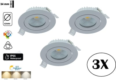 3 PACK - Inbouw LED Spot 6w Flat | 400 Lumen | CCT Switch (2700K/3000K/4000K) | Kantelbaar | IP65 | Dimbaar | CRI90 | Wit Armatuur | Gatmaat 68-72mm