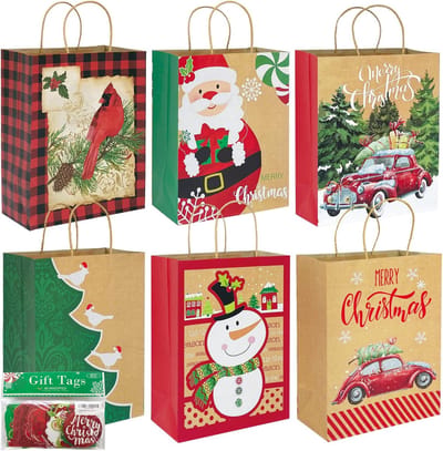 24 Grote Kraft Kerstcadeauzakken Bulk met Handvatten en 60 Cadeaukaartjes - 12 Unieke Kerst Designs