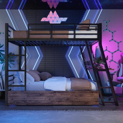 VVBV Hoogslaper 90x200 cm - Lades, LED-Verlichting, Bureau, Trap/Ladder, Uitvalbeveiliging - Metaal Zwart - Zonder Matras