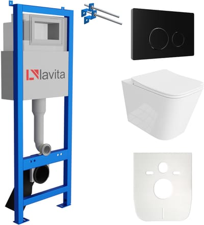 LAVITA® Inbouwreservoir Complete Toiletset LAV 101 - Inbouw WC Hangtoilet Wandcloset MAIO Wit Hoogglans - Bedieningsplaat 200.4.4 Zwart - Voorwandelement voor toilet 40cm - Installatiesysteem