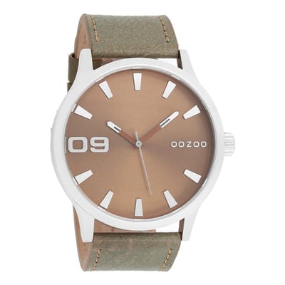 OOZOO Timepieces - Zilverkleurige horloge met bruine leren band - C8530