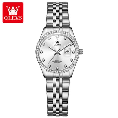 HO-3629L.z : Olevs edelstaal quartz dames horloge, diamantzirkonia's, loep, kalenderdag