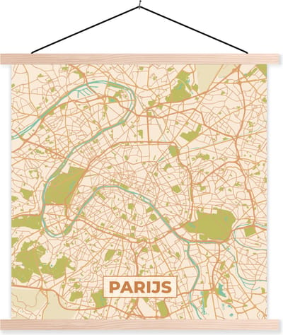 Posterhanger incl. Poster 40x40 cm - Schoolplaat - Parijs - Stadskaart - Vintage - Plattegrond - Kaart - Textielposter - Blanke latten - Stadskaart