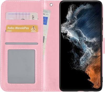 Hoesje - Met Pasjeshouder - Geschikt voor Samsung Galaxy S22 - Luxe Bookcase Portemonee - Flip Case - Kunstleer Book Case - Flipcase - Book Cover - Walletcase - Portemonneehoes - Lichtroze