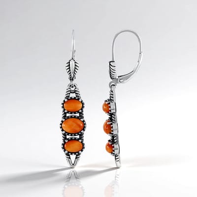 Cavill - Zilveren Oorbellen - 925 Sterling Geoxideerd Zilver - Oranje Stekelige Oesters 3,321 ct - Ovaal Cabochon - Boho Statement Lange Oorbellen