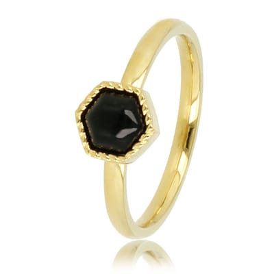 My Bendel - Ring Goudkleurig met Zwarte Zeshoekige Glassteen - Goudkleurige Ring - Zeshoekig Ontwerp - Zwarte Glassteen - met Luxe Cadeauverpakking | Sieraden Voor Dames | Maat 16.00 Mm / Maat 50