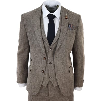 Heren Eikenbruin 3-delige Tweed Kostuum Vintage Haringbeen 1920s Retro Peaky Blinders