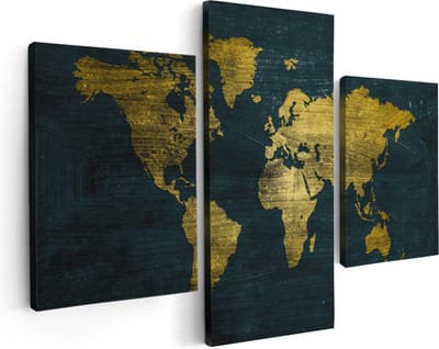 Artaza Canvas Schilderij Drieluik Gouden Wereldkaart - 90x60 cm - Wanddecoratie Woonkamer - Schilderijen - Muurdecoratie
