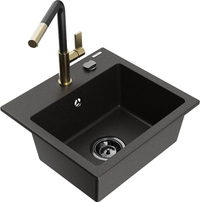 Mexen Milo granieten gootsteen 1-komor met keukenkraan Flora, zwart/goud metallic - 6505-75-670401-57-B