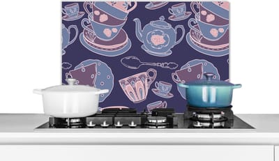 Spatscherm keuken 60x40 cm - Kookplaat achterwand Patroon - Thee - Kop - Theepot - Muurbeschermer - Spatwand fornuis - Hoogwaardig aluminium