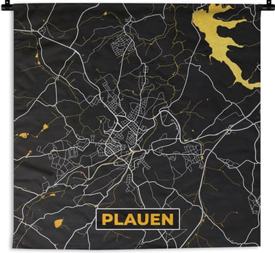 Wandkleed - Wanddoek - Duitsland – Black and Gold – Plauen – Stadskaart – Kaart – Plattegrond - 180x180 cm - Wandtapijt