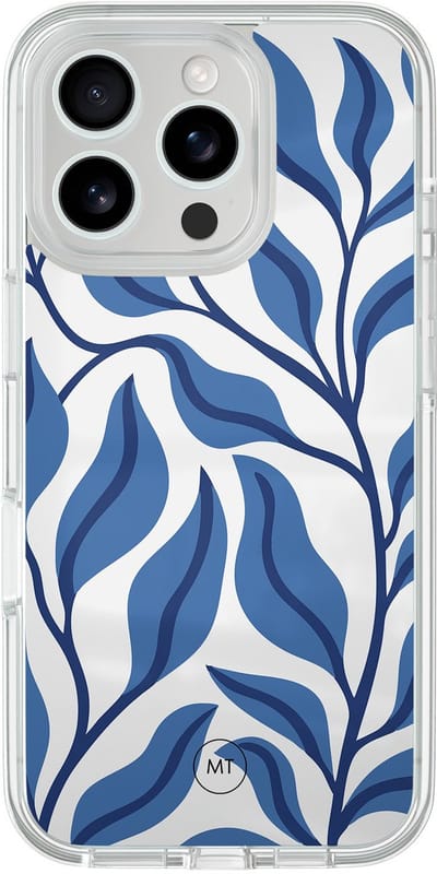 Hybride hoesje geschikt voor iPhone 16 Pro - Blue leaves - Extra bescherming - Luxe beschermhoes - TPU case - Transparant, Blauw - Mooie Telefoonhoesjes