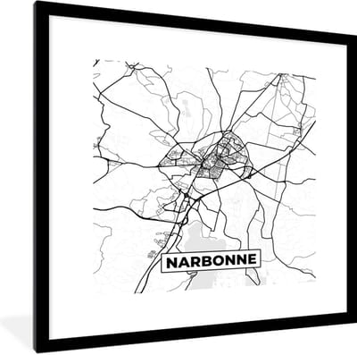 Fotolijst incl. Poster Zwart Wit- Stadskaart - Plattegrond - Narbonne - Kaart - Frankrijk - Zwart wit - 40x40 cm - Posterlijst