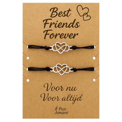 Vriendschapsarmbandjes voor 2 "Best Friends Forever" - Oneindigheisteken in Hartje - BFF Armbandjes met Persoonlijk Cadeau Kaartje - Zilverkleurig - Elastisch Verstelbaar - Pax Amare