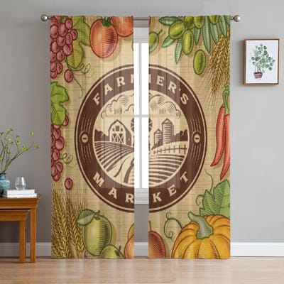 Vintage Boerenmarkt Label Transparante Gordijnen voor Woonkamer Transparant Tule Raamgordijn Slaapkamer Keuken Decoratie Sluier Gordijnen 135W x 114H(cm) brown
