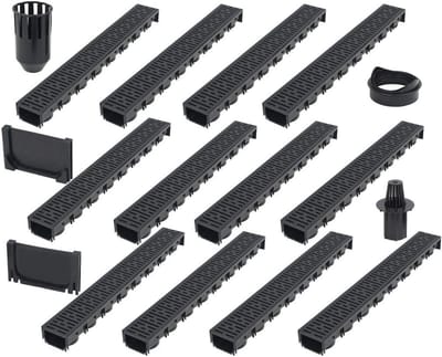 Afwateringskanaal Set - Drainagegoot Platte Goot - Terrassen Buiten - Modulair Insteeksysteem - 100x12.5x8cm 12 Stuks - Zwart