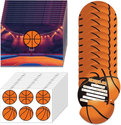 12 Sets Uitnodigingen voor Verjaardagsfeest met Basketbalthema voor Kinderen, Inclusief Enveloppen en Stickers, Perfect voor Jongens en Meisjes