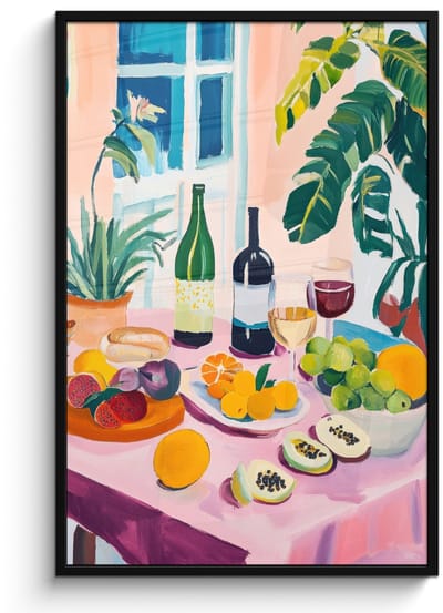 Poster in lijst - Fotolijst 80x120 cm - Posters - Tafel - Wijn - Fruit - Posterlijst zwart - Decoratie - Wanddecoratie woonkamer - Muurdecoratie slaapkamer