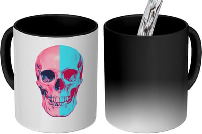 Magische Mok - Foto op Warmte Mokken - Koffiemok - Schedel - Grafisch - Roze - Verdeeld - Magic Mok - Beker - 350 ML - Theemok