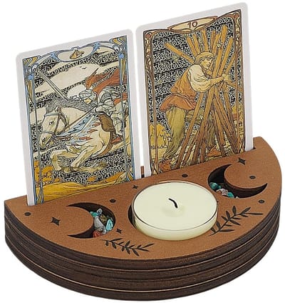 Dailygoods- Tarotkaarthouder Halfrond - Houten Kaarthouder - Kameelkleur - Wicca Decoratie - Lichtgewicht - 132 mm Breed