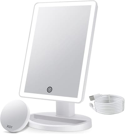 Make-up Spiegel met 3 Kleuren Verlichting en Afneembare 10X Vergroting, 72 LED Lampen, Dimbare Touch Sensor en 180° Rotatie voor Perfecte Make-up en Verzorging