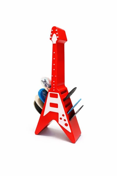 Gitaar Plectrumhouder met 5 Plectrums – Gitaarvormige Opbergdoos & Displaybox voor plectrum – Elektrische Gitaar Design Rood/Wit – Muzikantenaccessoire & Cadeau