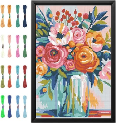 Kruissteek Kit - Borduurpakket Beginners - Muurdecoratie Maken - Voorbedrukt Patroon - 35x50 cm - Bloemen Vaas