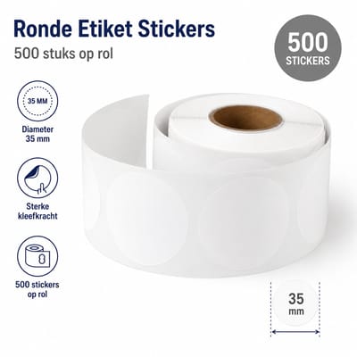 500 Etiketten Rond Wit Stickers 35 mm op Rol - Label Blanco Stickers Gekleurd - Sluitzegel - Dappaz