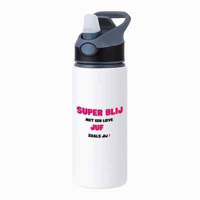 Hacebo® - super blij met een lieve juf zoals jij waterfles met rietje zwart - Juf - leraressen - verjaardag - cadeautje voor juf - juf artikelen - kado - geschenk - collega's - water fles - 650ML