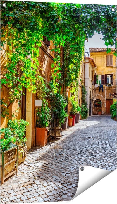 Gards Tuinposter Straatje in Rome met Groene Planten - 60x90 cm - Tuindoek - Tuindecoratie - Wanddecoratie buiten - Tuinschilderij