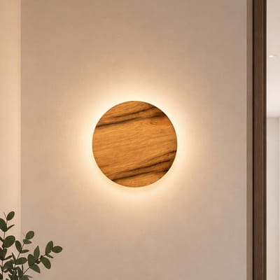 Elobra LED wandlamp Havana M, eikenhout met knoesten/metaal, Ø 34 cm, IP44