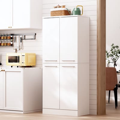 Pugsdrly Kitchen Pantry Cabinet, witte hoge kast glanzend, 4-deurs voorraadkast in koelkastdesign, in hoogte verstelbare planken, grote keukenkast met metalen handgrepen, 76x42x180 cm