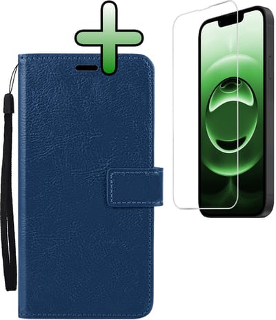 Hoesje Met Screenprotector - Geschikt voor Apple iPhone 16e - Luxe Pasjeshouder - Bookcase Portemonee - Flip Case - Kunstleer Book Case - Flipcase - Book Cover - Walletcase - Portemonneehoes - Donkerblauw