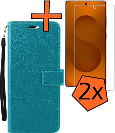 Hoes - Met 2x Screenprotector - Geschikt voor Samsung Galaxy S25 Ultra - Luxe Pasjeshouder - Bookcase Portemonee - Flip Case - Kunstleer Book Case - Flipcase Hoes - Book Cover - Walletcase - PortemonneeHoes - Turquoise