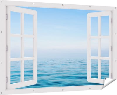 Gards Tuinposter Doorkijk Zee met een Blauw Hemel Achtergrond - 180x120 cm - Tuindoek - Tuindecoratie - Wanddecoratie buiten - Tuinschilderij